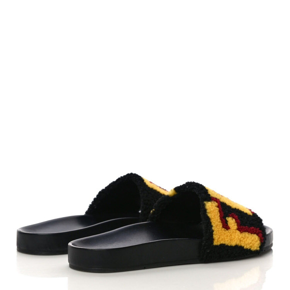 Fendi Mens Shearling Fur Logo Yellow Red Black Flat Slide Sandal Flip Flop 7 - Picture 10 of 12